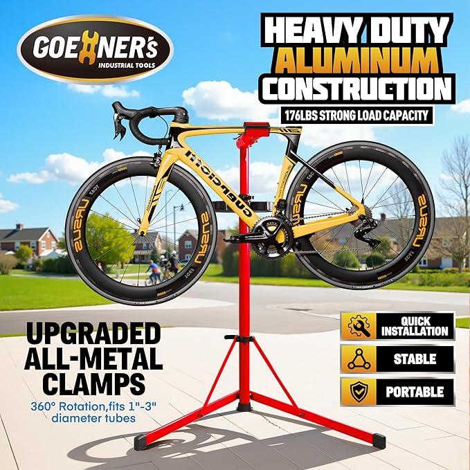 Bike Repair Stand, 176 LBS Heavy Duty Portable Bicycle Mechanic Maintenance Workstand with Tool Tray, Steel & Aluminum Shop Home Adjustable Height Foldable Bike Work Stand for E Bike, MTB, RB