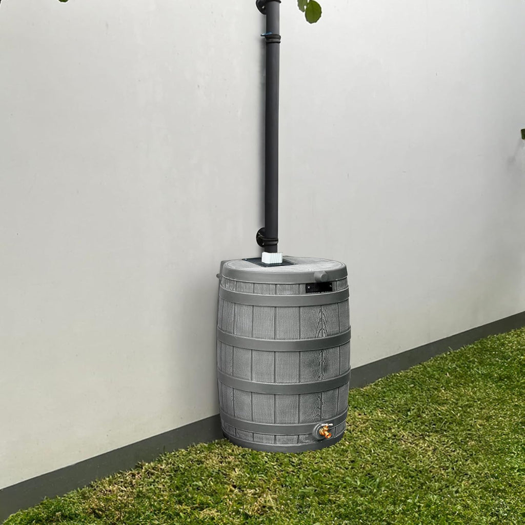 Good Ideas Rain Wizard 50 Gallon Plastic Outdoor Home Water Storage Tank Rain Barrel Collector with Brass Spigot and Flat Back Design, Gray
