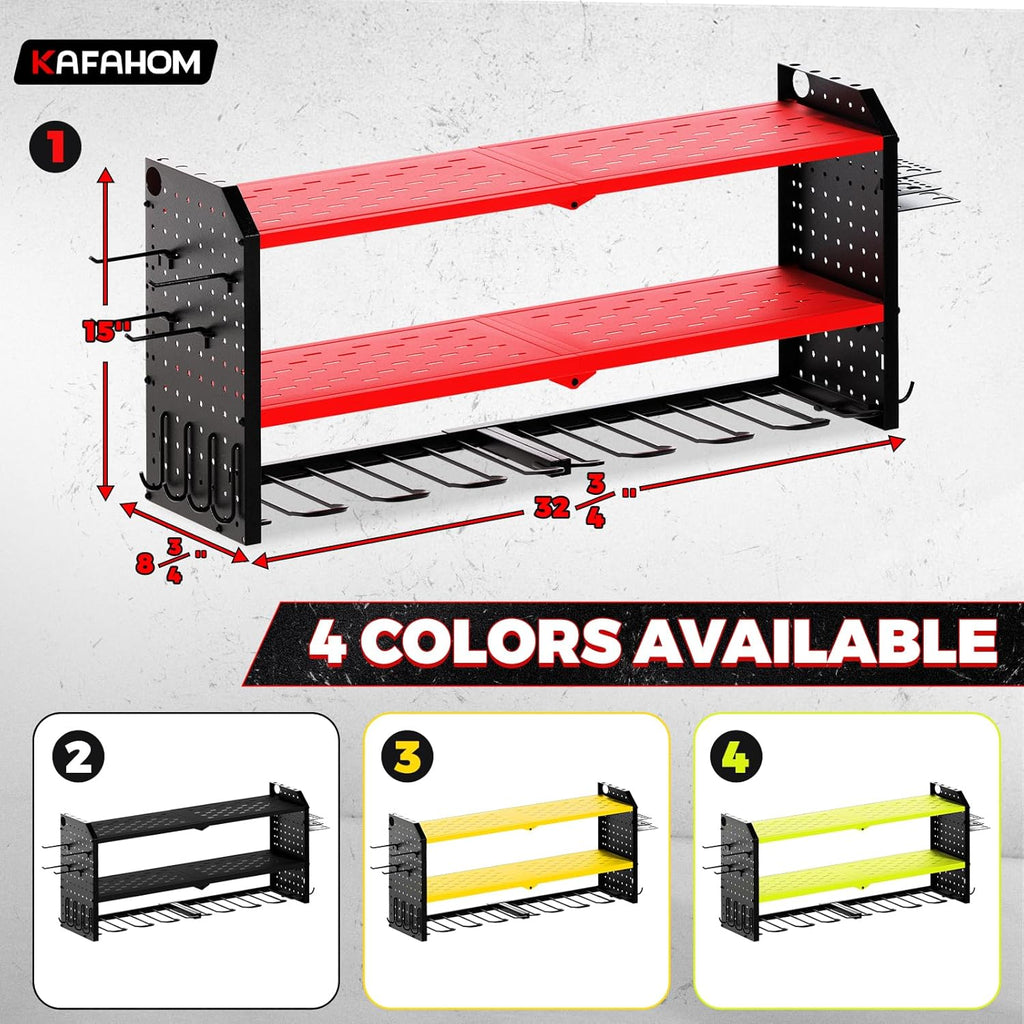 KAFAHOM Power Tool Organizer, Large 8 Drill Holder Wall Mount with 2 Side Pegboards, Heavy Duty Metal Tool Shelf with 12 Hooks, Storage Rack for Garage Organization, Utility Battery Shelves - Red