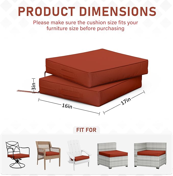 Patio Chair Cushions 17 X 16 X 3 Inch Waterproof Outdoor Seat Cushions for Patio Furniture, Outdoor Sofa Couch Pads with Ties & Handle, Set of 2, Terra Red