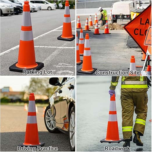 OrangeStar 4 Pack 28" Orange Traffic Cones, PVC Parking Construction Safety Cones w/Reflective Collars Heavy Duty Rubber Base for Driving Practice, Parking Lots and Roadwork
