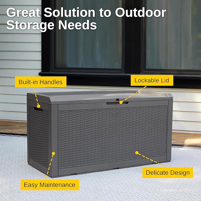 EAST OAK Outdoor Storage Box, 100 Gallon Deck Box, Waterproof Resin Storage Bench for Patio Cushions, Gardening Tools, Pool Accessories, Lockable, UV Resistant, Grey