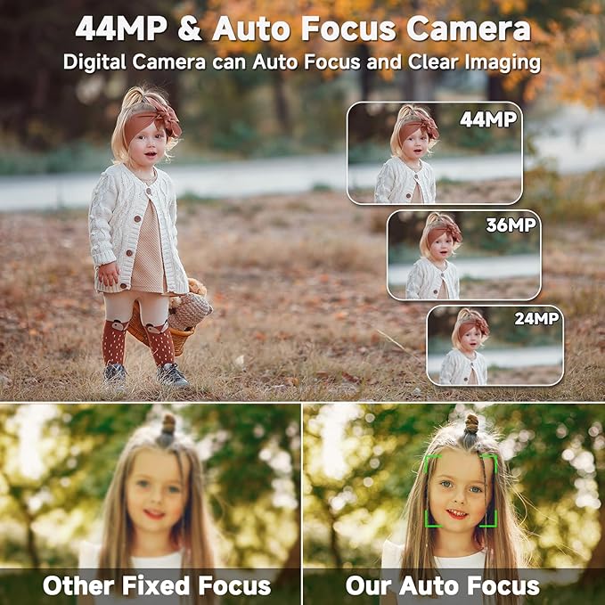 Digital Camera, FHD 4K 44MP Digital Camera, 16X Digital Zoom, Digital Point and Shoot Camera with 3-LED Fill Lights, 64GB SD Card, Compact Camera for Kids Teen Boys Girls, Purple