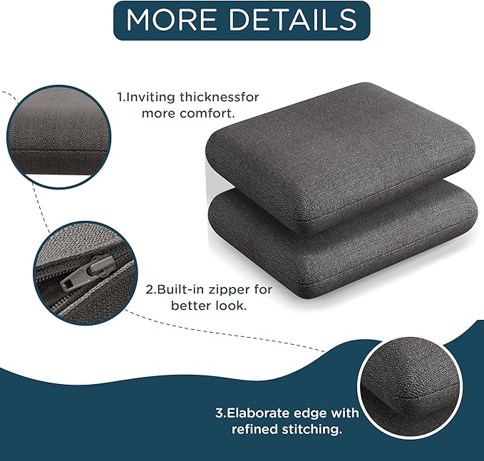 Codi Patio Chair Cushions 19x19 Inch, Waterproof Seat Cushion for Outdoor Furniture with Textured Fabric, Handles & Adjustable Straps, Fade Resistant - Set of 2, Grey
