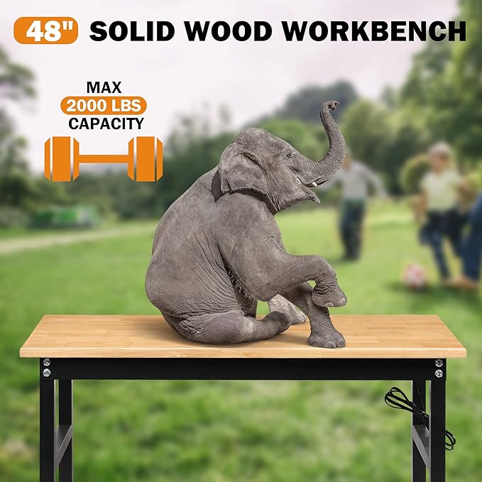 Adjustable Height Workbench, 48" Rubber Wood Top Heavy Duty Workstation with Power Outlets, 2000 LBS Load Capacity Hardwood Worktable for Workshop, Garage, Office, Home, Commercial