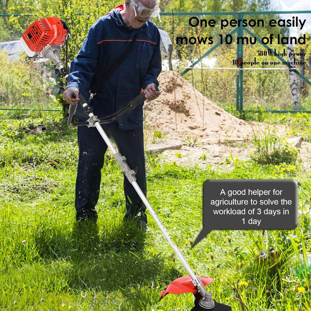 52cc 2-Stroke Weed Eater Gas Powered, 2 in 1 Gas Brush Cutter, String Trimmer and Gas Weed Wacker Hedge Edger Trimmer for Weeds and Grass, Strong Powerful Full Guard Accessories Red
