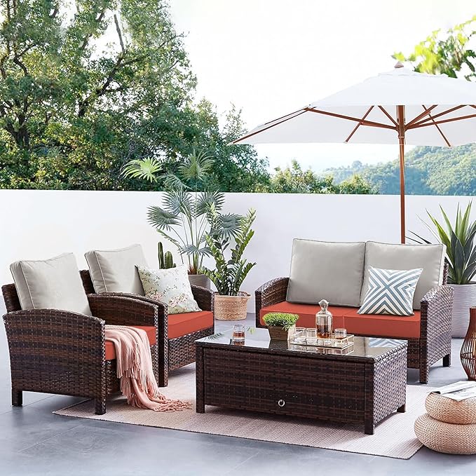 Favoyard Patio Chair Cushions 24 x 24 x 4 Inch Waterproof Outdoor Seat Cushions for Patio Furniture 3-Year Color Fastness Garden Sofa Couch Chair Pads with Handle & Adjustable Straps Set of 2, Spice