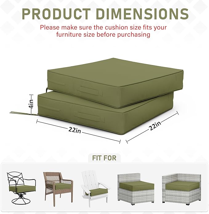 Patio Chair Cushions 22 X 22 X 4 Inch Waterproof Outdoor Seat Cushions for Patio Furniture, Outdoor Sofa Couch Pads with Ties & Handle, Set of 2, Light Green