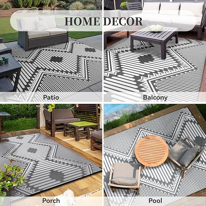 MontVoo Outdoor Rug-Waterproof Camping Rug Patio Rug Mat 6x9 Reversible Plastic Straw Outside Outdoor Rug for RV Camping Picnic Beach Balcony Backyard Pool Deck Porch Modern Boho Grey