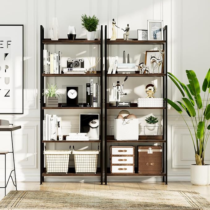 NUMENN Bookshelf, 5 Tier Bookshelves, Home Office Bookcase Shelf Storage Organizer, Free Standing Storage Shelving Unit for Bedroom, Living Room and Home Office, Dark Walnut