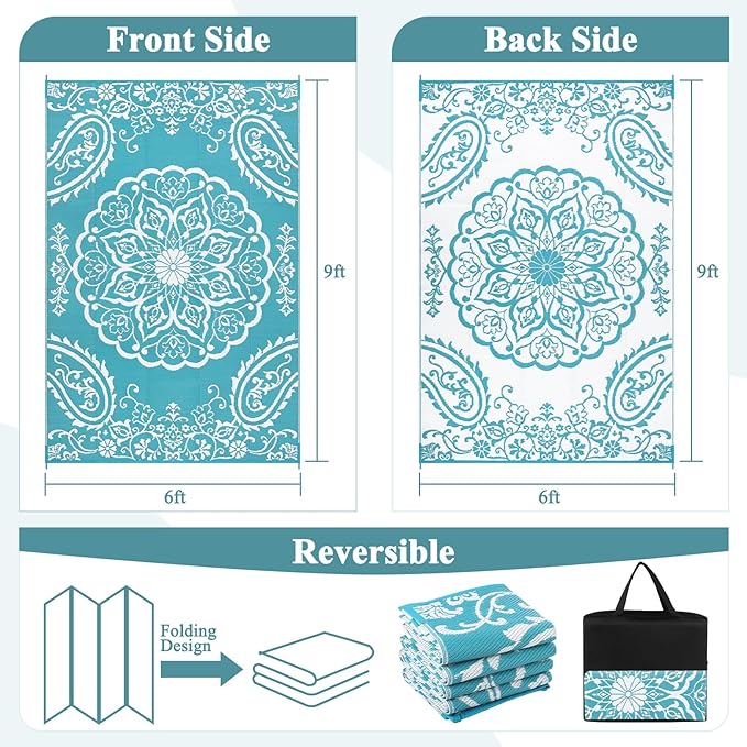 Pauwer Reversible Outdoor Rug, 6'x9', Waterproof Polypropylene Patio Mat, RV, Balcony, Deck, Beach, Picnic