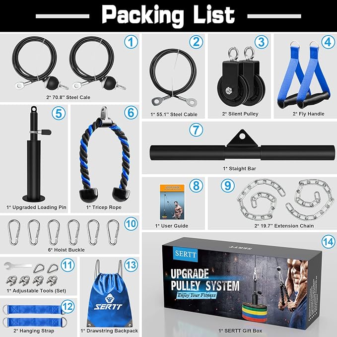 SERTT Weight Cable Pulley System Gym, Upgraded Cable Pulley Attachments for LAT Pull Down, Biceps Curl, Tricep, Arm Workouts - Home Gym Add On Equipment