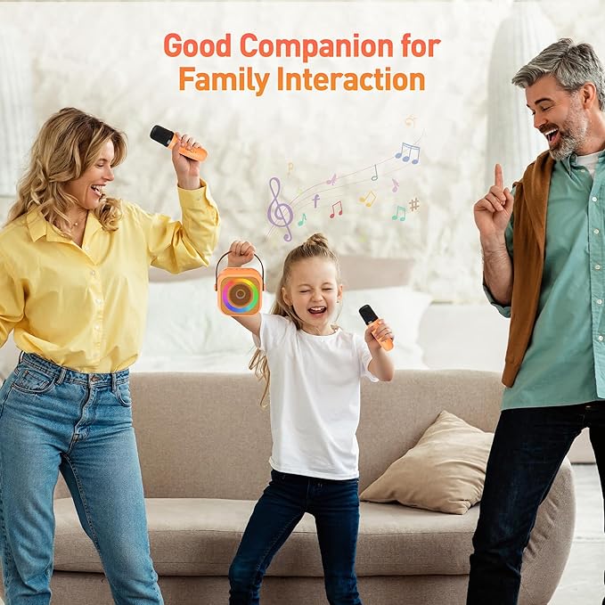 Karaoke Machine for Kids Adults: Mini Portable Karaoke Machine with 2 Wireless Microphones and Lights, Christmas Birthday Gifts for Girls Boys Family Home Party(Orange)