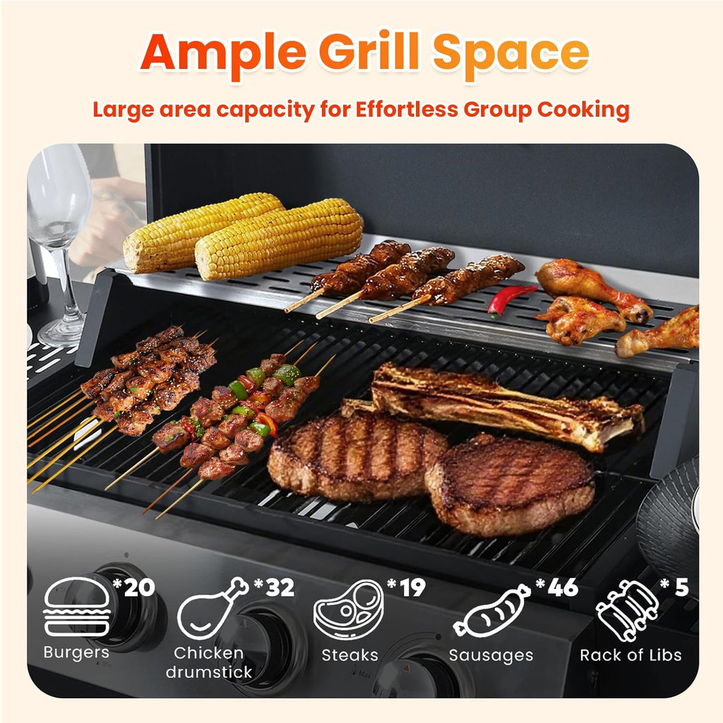 3-Burner Propane Gas BBQ Grill with Porcelain-Enameled Cast Iron Grates and 2 Foldable Side Table, 25,650 BTU Stainless Steel Grill for Outdoor Camping Barbecue Grilling Backyard Cooking - Silver