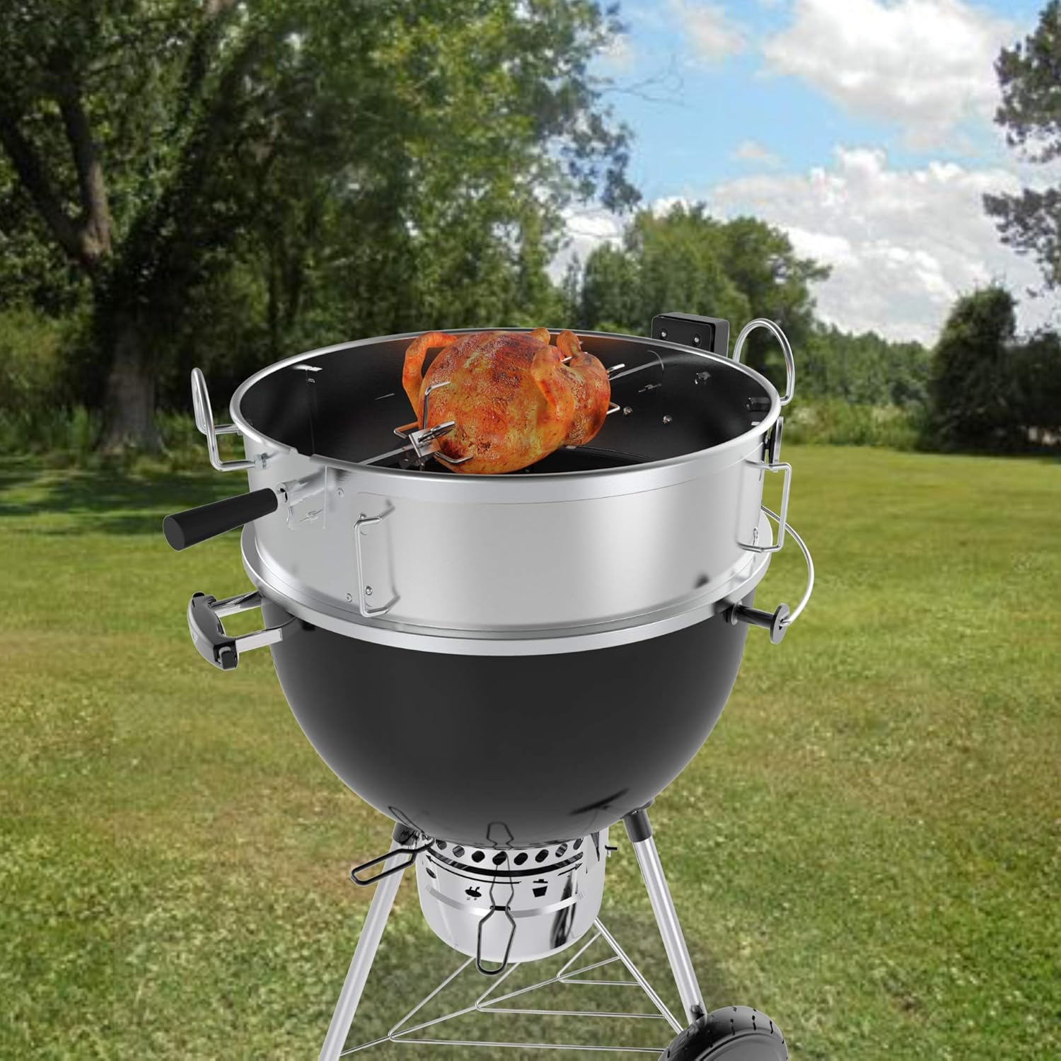 onlyfire Stainless Steel Multi-purpose Rotisserie and Pizza Combo Kit for Weber 22-Inch Kettle Charcoal Grills - Include Pizza Peel and Pizza Stone