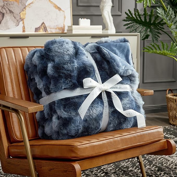 Cozy Bliss Faux Fur Throw Blanket for Couch, Fuzzy Soft Plush Thick Bubble Blanket for Sofa Bedroom Living Room, 108 * 90 Inches Tie Dye Blue