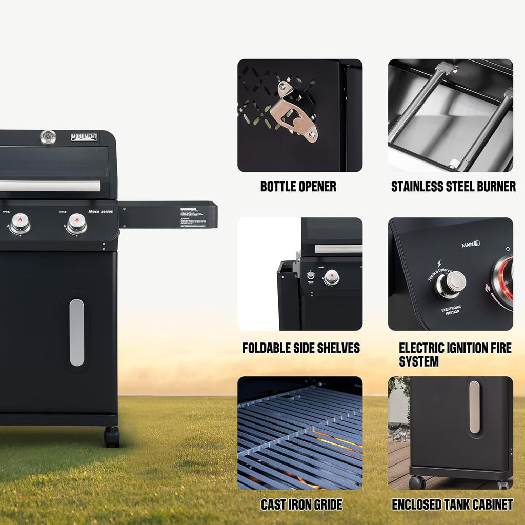 Monument Grills 2-Burner Stainless Steel Liquid Propane Gas Grill, Two Foldable Shelves Patio Garden Barbecue Grill with Clearview® Lid, Knob Control Mesa220, Black