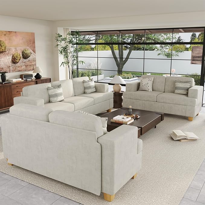 Sofa, 89" 3-Seater Deep Seat Sofa, Modern Comfy Couches for Living Room Apartment Lounge, Beige Chenille