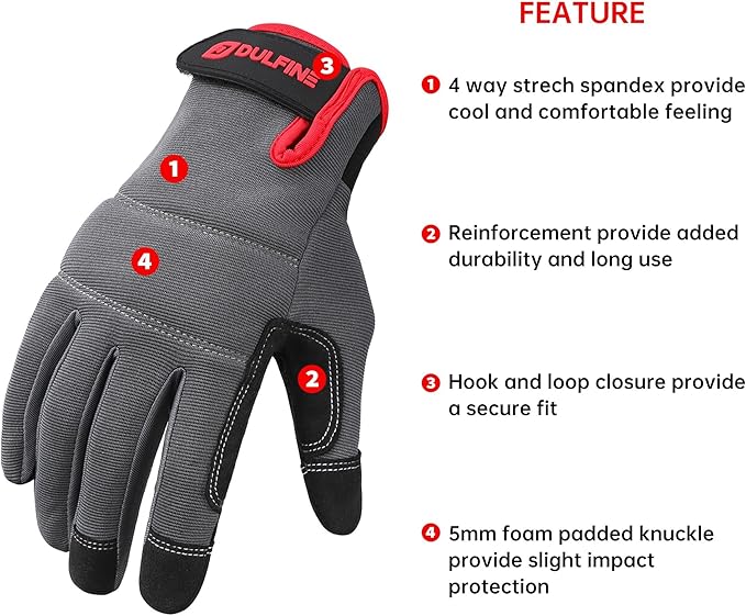 DULFINE Flex Grip Mechanic Work Gloves for Men,Black and Red Utility Safety Working Gloves Touch Screen,Excellent Grip,Ideal for Working on Cars and Outdoor Jobs(Medium)