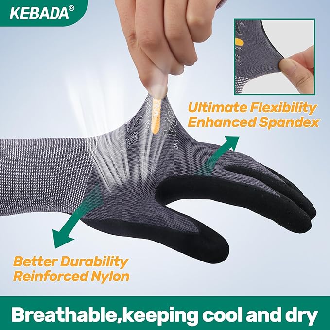 Kebada W2 Safety Work Gloves, Micro-Foam Nitrile Coated Gloves, Touchscreen,Ideal for Package Handling, Gardening, Construction, 1 Pair X-Large