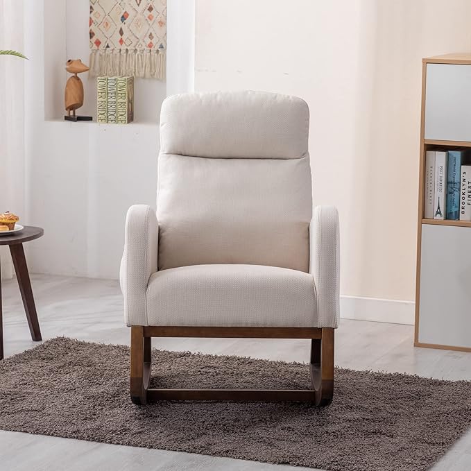 Dolonm Nursery Rocking Chair for Living Room, Upholstered Mid-Century Modern Nursery Rocking Armchair Tall Back Accent Glider Rocker, Beige