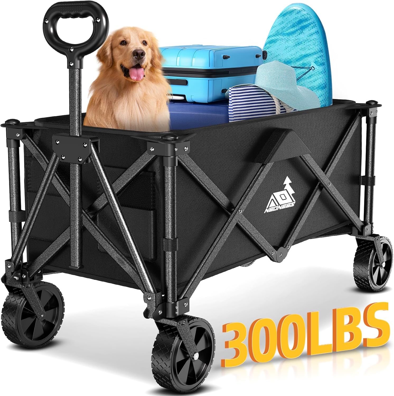Collapsible Wagon Carts with Large Capacity, Foldable Grocery Cart with Side Pockets for Outdoor,Utility Beach Wagons Heavy Duty,300lb Load-Bearing for Camping, Garden, Sports, Shopping-Black