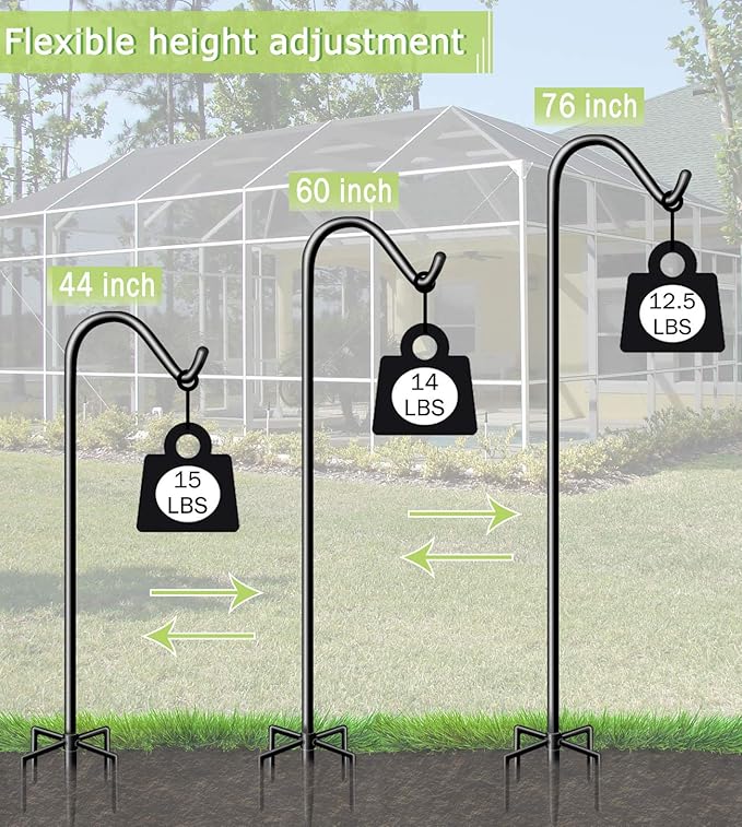 Garbuildman 76 Inch Tall Shepherd Hooks with 5-Forked Base, Adjustable Heavy Duty Bird Feeder Pole Stand Hanger for Outdoor, Shiny Black, 2 Pack