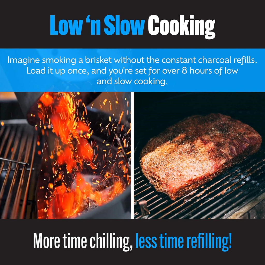 SnS Grills Patented Slow ‘N Sear Original Insert - Stainless Steel Charcoal Basket with Built-In Water Reservoir for Low ‘N Slow Smoking & Charcoal Grilling for Weber & Other Kettle Grills - 22 in