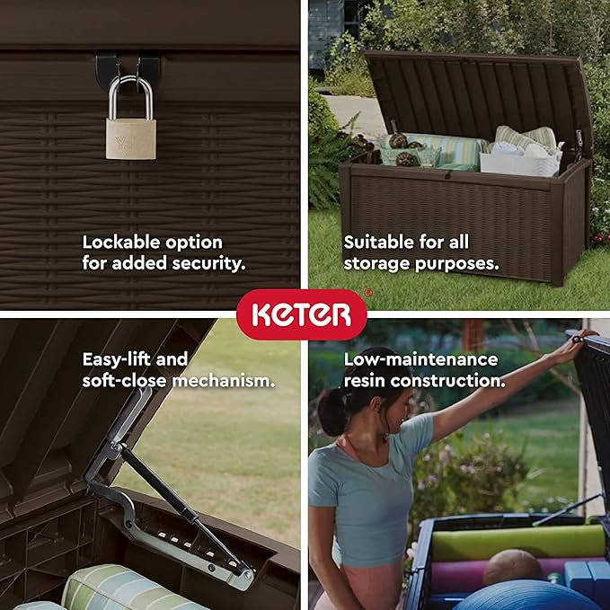 Keter Outdoor Storage Deck Box, for Patio, Backyard & Garden, Borneo, 110 Gallon, Brown - Lockable, Organizing, and Waterproof Plastic Container Bench
