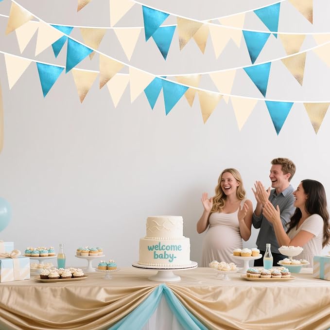 Champagne Gold and Sky Blue Metallic Fabric Triangle Pennant Banner, 32 Feet