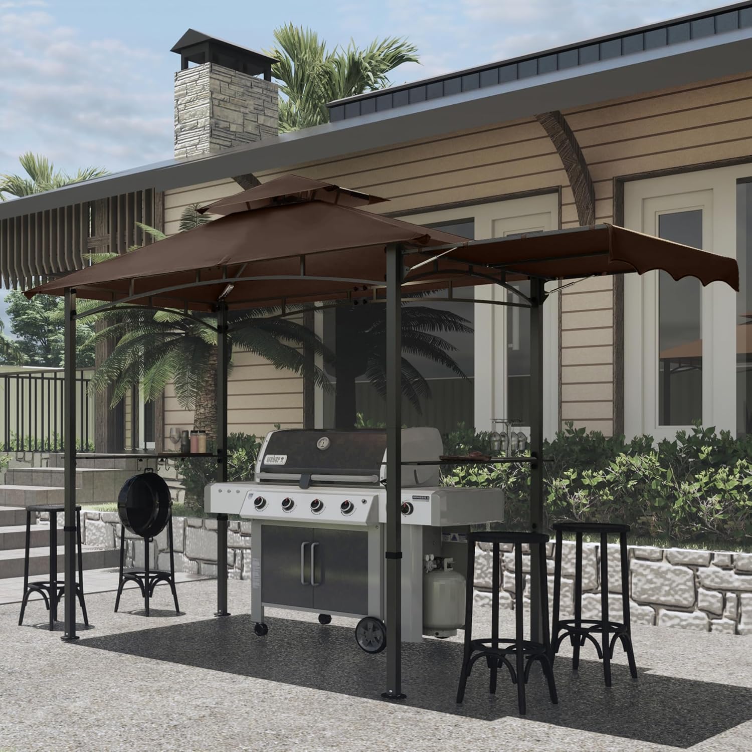 MASTERCANOPY 11 x 5 Grill Gazebo with Extra Side Awning Outdoor BBQ Gazebo with 2 LED Lights for Patio Party Backyard Picnic(Brown)