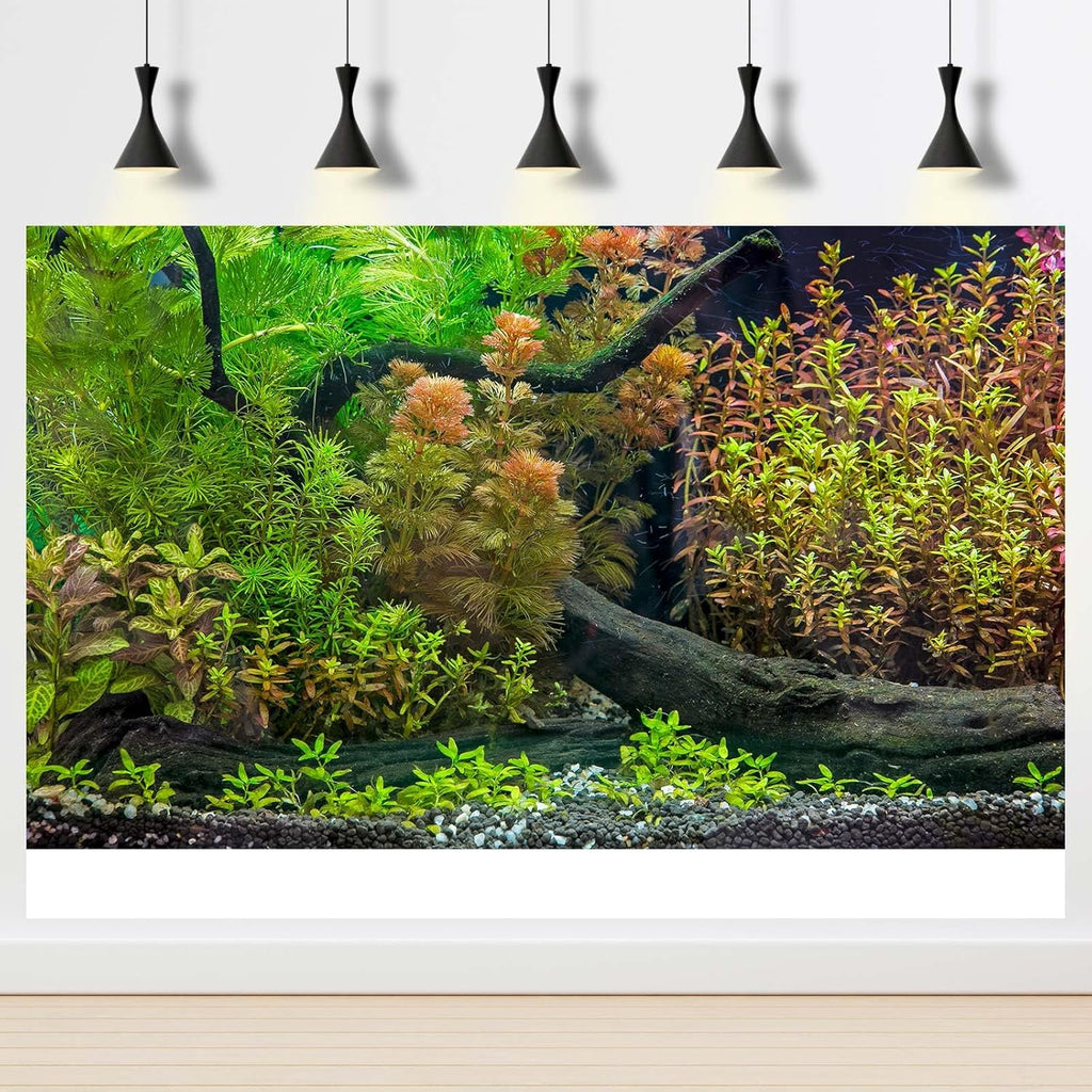 Aquarium Backdrop Underwater Grass Leaves with Pebbles Exquisite Aquarium Background Vivid Green Aquatic Plant Stone River Bed Fish Dead Wood Fresh Leaves Tank Background Decors Vinyl 60x24in