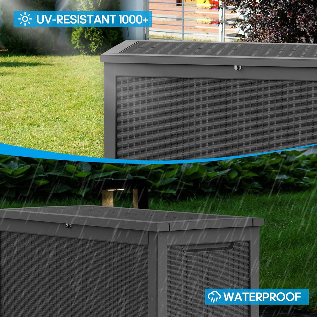320 Gallon Waterproof Black Deck Box, Lockable Resin Storage Box for Patio Furniture Cushions Garden Tools and Outdoor Delivery Storage