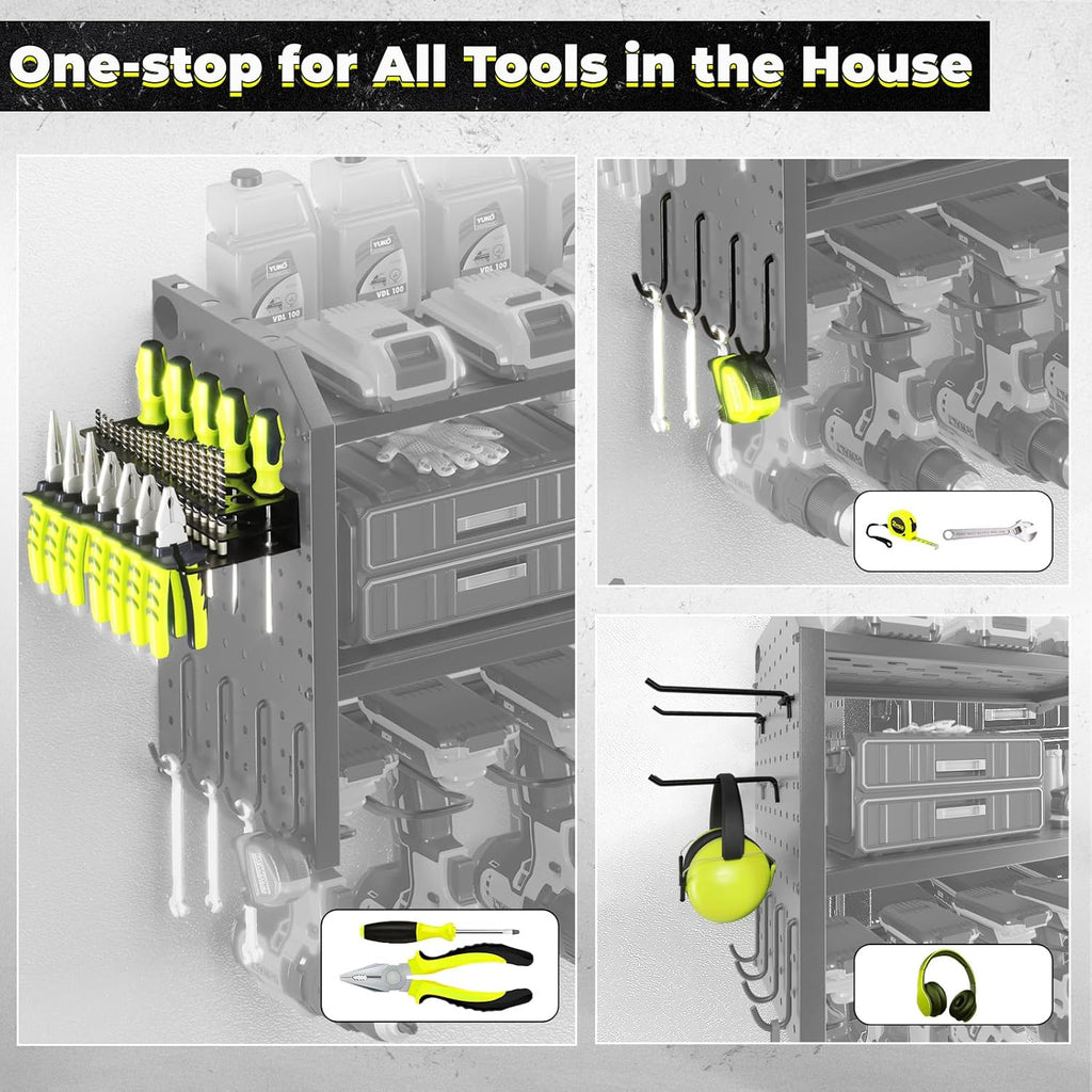 KAFAHOM Power Tool Organizer, Large 8 Drill Holder Wall Mount with 2 Side Pegboards, Heavy Duty Metal Tool Shelf with 12 Hooks, Storage Rack for Garage Organization, Battery Shelves - Green