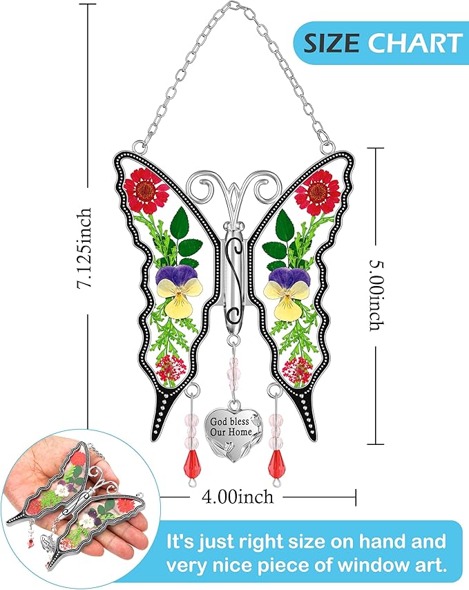 KY&BOSAM Butterfly Suncatcher God Bless Our Home Ornaments Stain Glass Sun Catchers for Windows Hanging Wind Chime Silver Charm Gifts for Home Mother`s Day Valentine's Birthday Thanksgiving Christmas