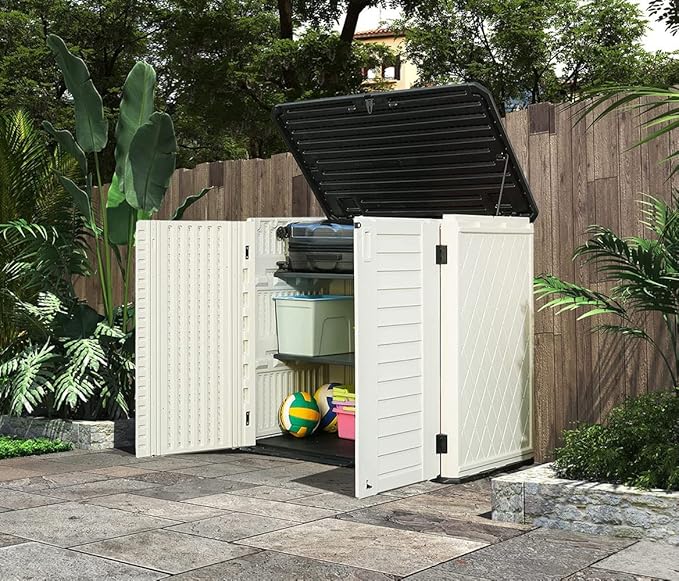 HOMSPARK Storage Shed Weather Resistance, Multi-Purpose Outdoor Storage Cabinet for Backyards and Patios, 26 Cu.ft Capacity Horizontal Storage Shed for Bike, Lawnmower, Trash Cans, Patio Accessories