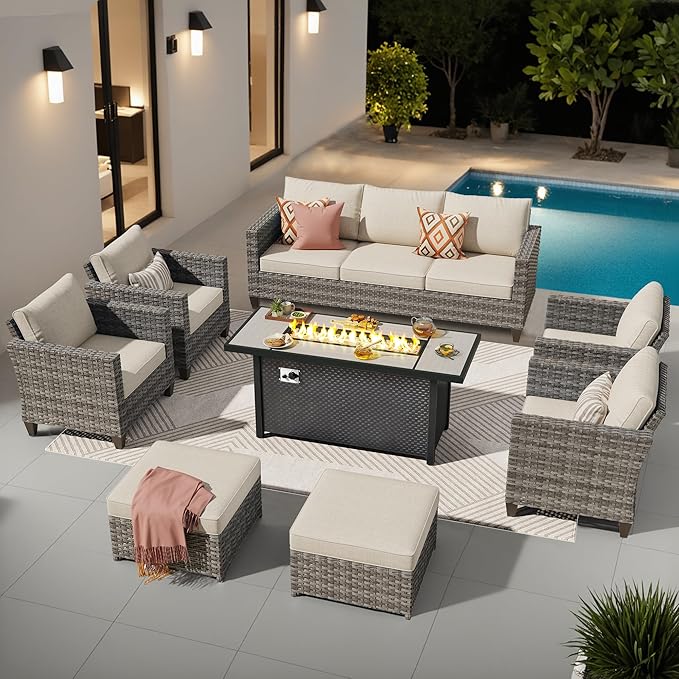 ovios 8 Pieces Patio Furniture Set with 54" Fire Pit Table, Outdoor Wicker Sofa with Comfy Cushions, All Weather High Back Rattan Couch Conversation Set, Beige