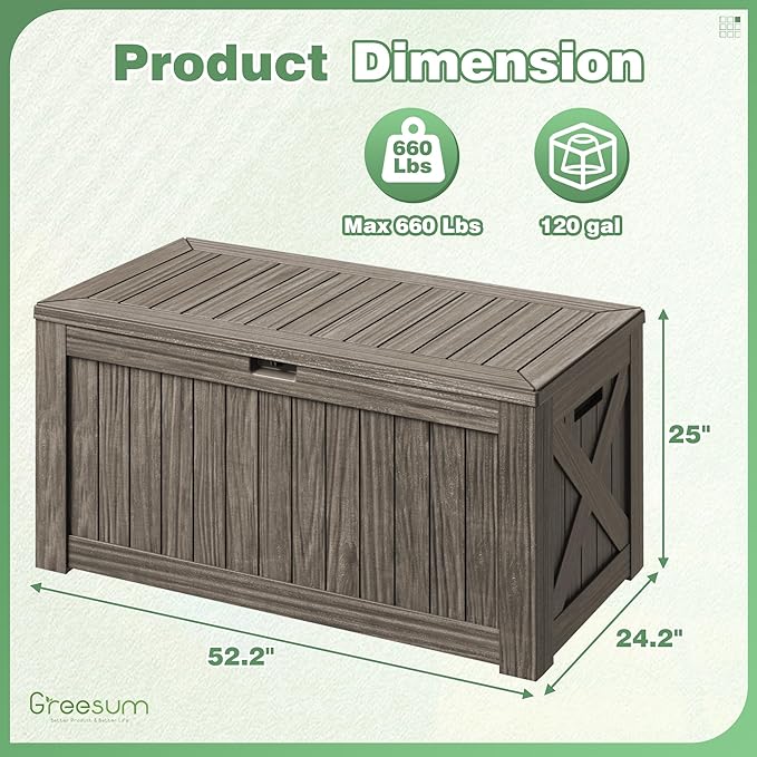 Greesum 120 Gallon Outdoor Storage Box with Lock - Large Resin Deck Box, Reinforced Lid for Garden, Patio, Lawn, Coffee