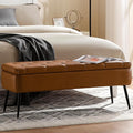 Leather Storage Ottoman Bench,End of Bed Bench for Living Room Bedroom Dinning Room Entryway,Mid-Century Modern,Faux Leather,with Steel Legs,Safety Hinges, Loads 660 lb (with Button, Brown)