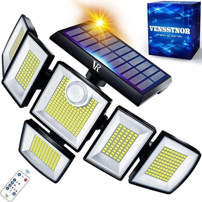 Solar Motion Sensor Flood Lights Outdoor - 496LEDs 3500LM 3 Lighting Modes 3 Levels Brightness, 6 Heads 360° Illumination, IP65 Waterproof Solar Security Lights,for Porch Yard Patio Garage
