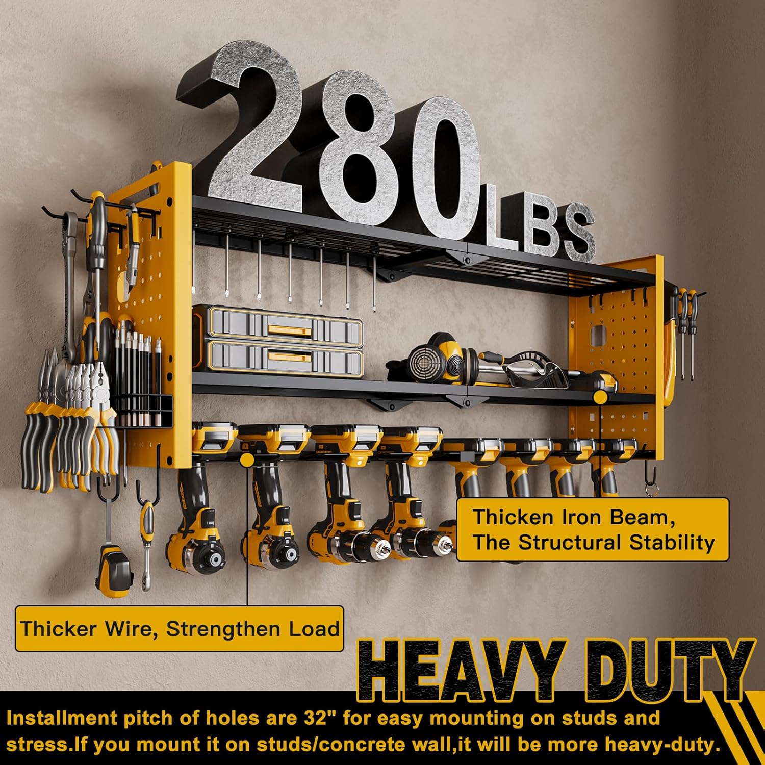 Power Tool Organizer Wall Mount,Cordless Drill Hanger Storage Rack 8 Drill Holder,3 Layers Heavy Duty Power Tool Storage Rack(Yellow)