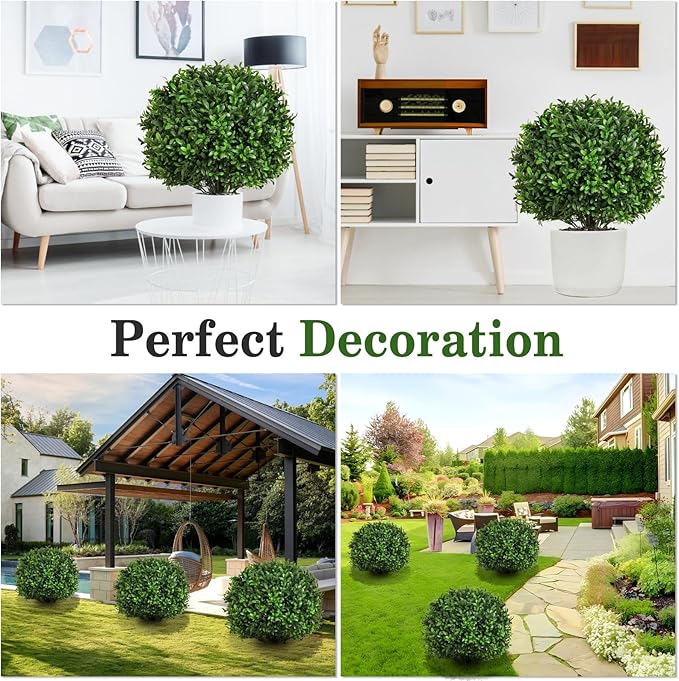 Artificial Olive Leaf Boxwood Topiary Ball Trees, Set of 2 UV Resistant 16in Outdoor Plants – Artificial Bonsai, Miniature Trees, Garden, Curb Appeal