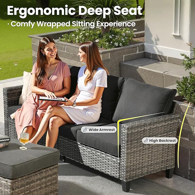 ovios 6 Pieces Patio Furniture Set with 54" Fire Pit Table, Outdoor Wicker Sofa with Comfy Cushions, All Weather High Back Rattan Couch Conversation Set, Black