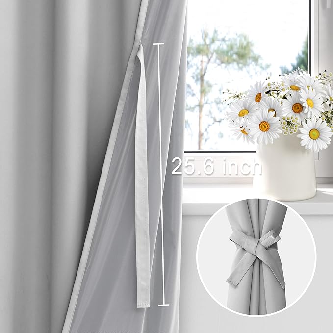 XWZO Full Shading Blackout Curtains 84 Inches Length with Tiebacks- Heat and Light Blocking Rod Pocket Window Drapes with Black Liner for Bedroom/Kid's Room, Light Grey, W70 x L84, Set of 2 Panels