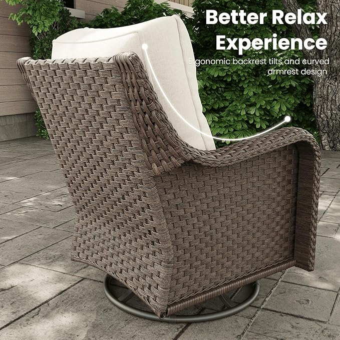7 Pieces Outdoor Patio Furniture Sets with Rocking Swivel Chairs with 6-inch Thick Cushion and Fire Pit Table for Deck Lawn