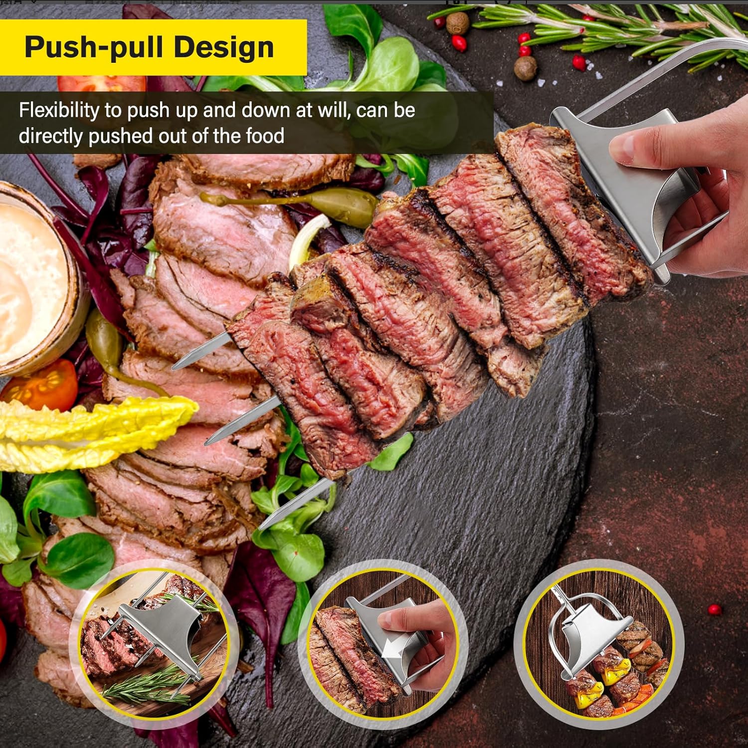 4PCS Kabob Skewers for Grilling, 14'' Stainless Steel Kebab Skewers, 3 Prong Metal Grill Skewer with Push Bar Slider, Skewer Sticks for Meat Veggies Fruits Marshmallows, BBQ Barbecue Accessories