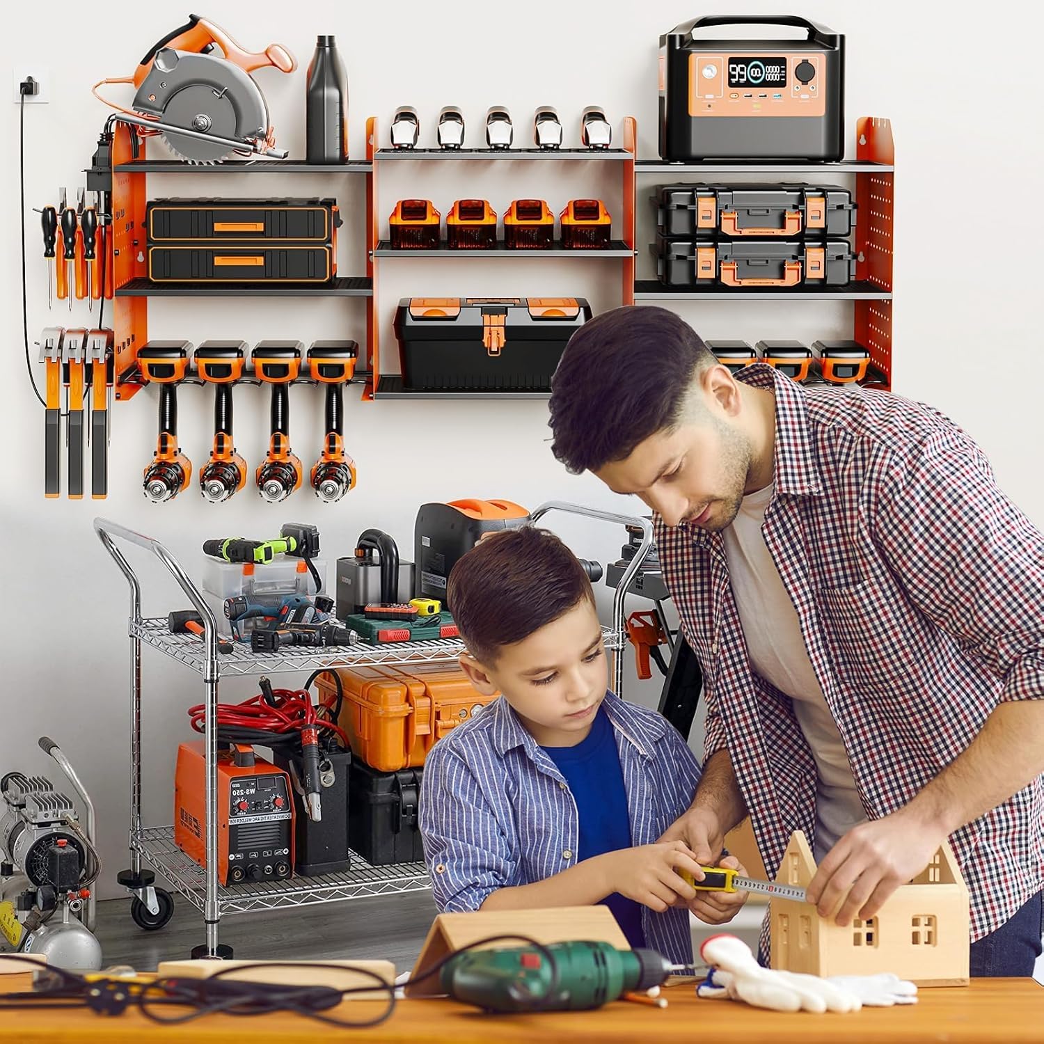 Power Tool Organizer with Charging Station Wall Mount, 3 Layer Expanded Heavy Duty Garage Organization, 45.5 Inch Length Garage Tool Storage, 8 Drills, 2 Assemble Method, Orange
