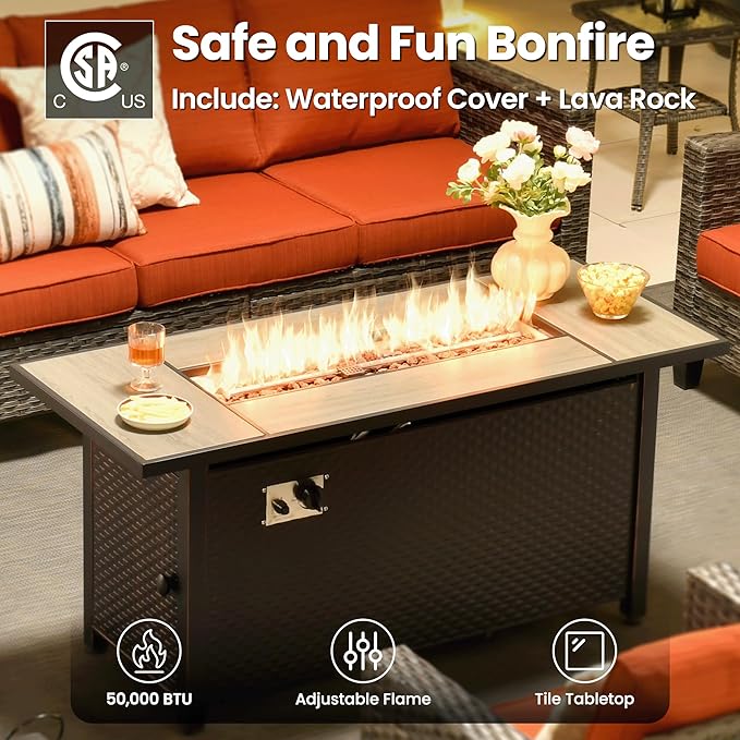 ovios 8 Pieces Patio Furniture Set with 54" Fire Pit Table, Outdoor Wicker Sofa with Comfy Cushions, All Weather High Back Rattan Couch Conversation Set, Orange Red
