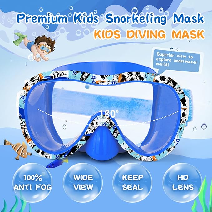 Kids Swim Goggles with Nose Cover, 180° Panoramic Snorkel Mask with Anti-Fog & Anti-Leak Design, Comfort Fabric Strap UV Protection Lens for Boys Girls Ages 3-15