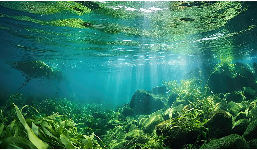 Under The Sea Fish Tank Background Aquatic Plants Deep Sea Aquarium Background Underwater Sunray Rock with Moss Terrarium Backgrounds Deep Ocean Floor Tropical Fish Tank Backgrounds 30x18in